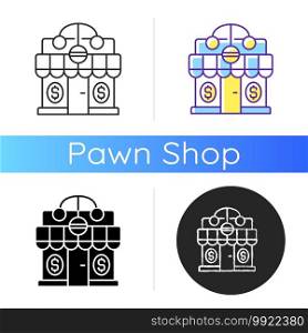 Pawnshop icon. Loaning money business. Collateral-based loans. Reselling retail items. Leaving personal property items. Linear black and RGB color styles. Isolated vector illustrations. Pawnshop icon