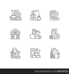 Pawnshop linear icons set. Vehicle title loan. Price calculation. Antiques. Short-term borrowing. Customizable thin line contour symbols. Isolated vector outline illustrations. Editable stroke. Pawnshop linear icons set