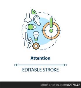 Pay attention on ideas concept icon. Focus on insights. Brain memorization process abstract idea thin line illustration. Isolated outline drawing. Editable stroke. Arial, Myriad Pro-Bold fonts used. Pay attention on ideas concept icon
