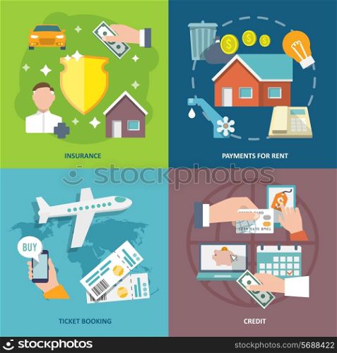 Pay bill insurance rent payments ticket booking credit flat icons set isolated vector illustration