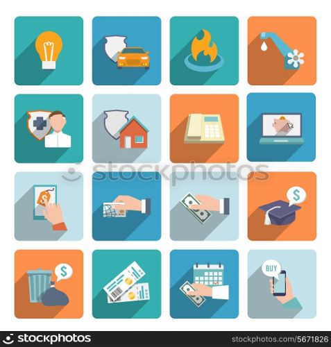 Pay bill on-line transactions and shopping icons flat set isolated vector illustration
