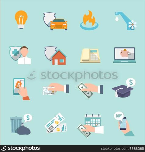 Pay bill taxes invoices and checks icons flat set isolated vector illustration