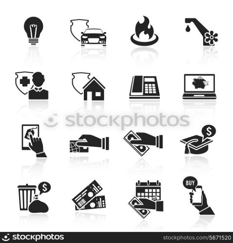 Pay bill taxes payment deposit icons black set isolated vector illustration
