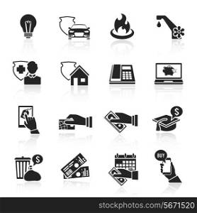 Pay bill taxes payment deposit icons black set isolated vector illustration