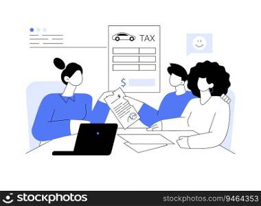 Pay car sales tax abstract concept vector illustration. Young couple authorizing use of car in a road traffic, government services, sign documents, bureaucracy sector abstract metaphor.. Pay car sales tax abstract concept vector illustration.