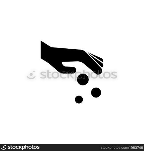 Pay Cash, Hand Throws Coins, Donate. Flat Vector Icon illustration. Simple black symbol on white background. Pay Cash, Hand Throws Coins, Donate sign design template for web and mobile UI element. Pay Cash, Hand Throws Coins, Donate Flat Vector Icon