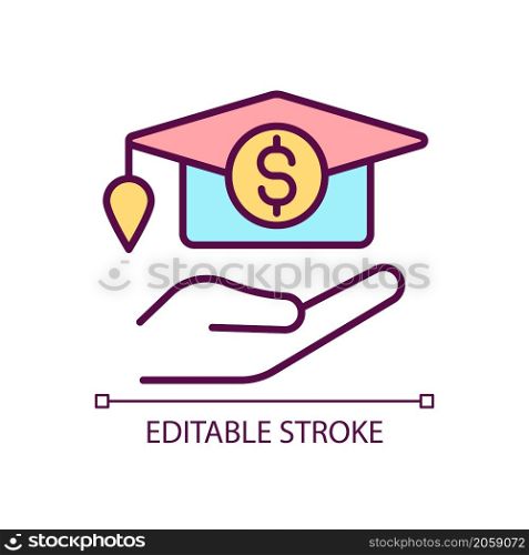 Pay for education RGB color icon. University tuition cost. College course price. Financial help for students. Isolated vector illustration. Simple filled line drawing. Editable stroke. Arial font used. Pay for education RGB color icon