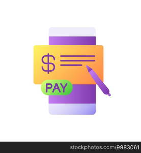 Pay in cheques vector flat color icon. E billing system. Mobile banking service. Online paperless check. Money digital transaction. Cartoon style clip art for mobile app. Isolated RGB illustration. Pay in cheques vector flat color icon