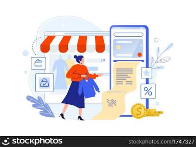 Pay in online shop using smartphone, woman buyer. Vector buyer online, pay in shop phone, e-commerce retail digital illustration. Pay in online shop using smartphone, woman buyer