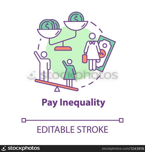 Pay inequality concept icon. Compensation discrimination. Salary inequity. Workplace fairness. Gender pay gap idea thin line illustration. Vector isolated outline RGB color drawing. Editable stroke