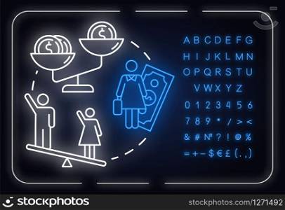 Pay inequality neon light concept icon. Compensation discrimination. Salary inequity. Gender pay gap idea. Outer glowing sign with alphabet, numbers and symbols. Vector isolated RGB color illustration