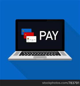 Pay online concept on modern technology devices with responsive flat web design. Vector stock illustration.