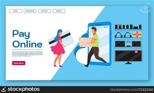 Pay online landing page vector template. Ecommerce website interface idea with flat illustrations. Webstore, marketplace homepage layout. Shopping web banner, webpage cartoon concept