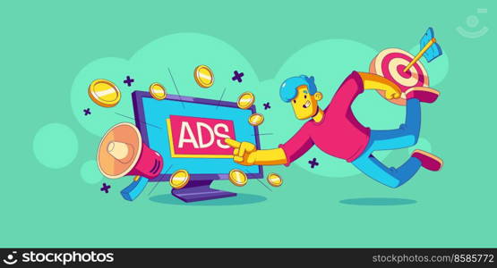 Pay per click, ads marketing strategy. Man click on advertising banner on computer screen, icons of money, target and megaphone, vector illustration in contemporary style. Pay per click, ads marketing strategy