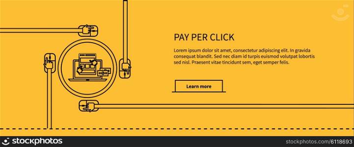 Pay per click design black line on yellow. Ppc and seo, search engine marketing, online advertising, social media, sem and internet, marketing online, web technology, business advertising illustration