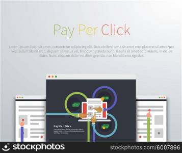 Pay per click design concept style. Ppc and seo, search engine marketing, online advertising, social media, sem and internet, marketing online, web technology, business advertising illustration
