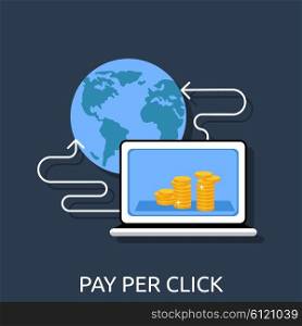 Pay per click internet advertising model. Pay per click internet advertising model when the ad is clicked. Monitor with button buy modern flat design cartoon style. Pay per click concept. Pay per click vector illustration. Globe pay per click