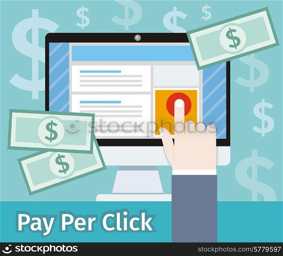 Pay per click internet advertising model when the ad is clicked. Monitor with button buy modern flat design cartoon style