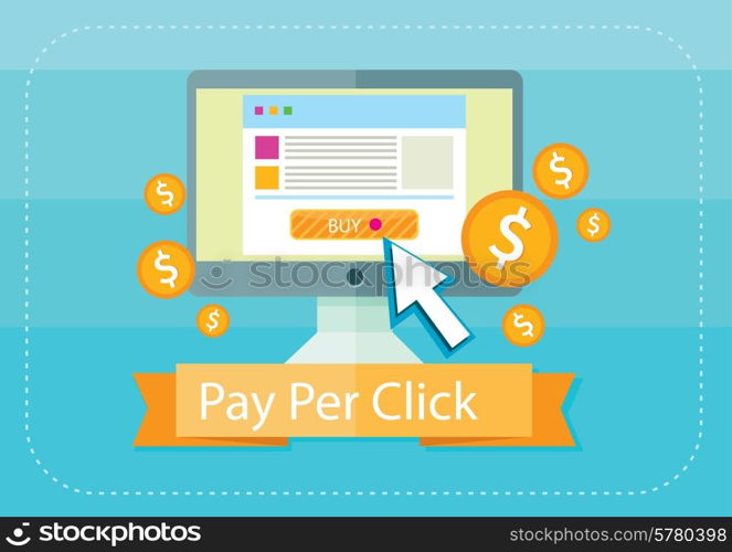 Pay per click internet advertising model when the ad is clicked. Monitor with button buy modern flat design cartoon style