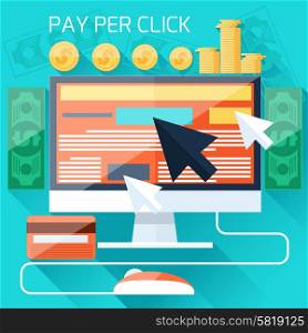 Pay per click internet advertising model when the ad is clicked. Monitor with button buy modern flat design cartoon style