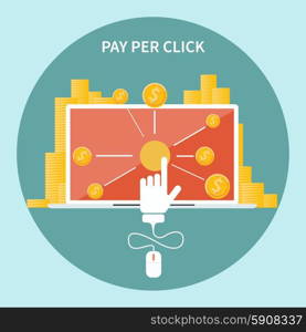 Pay per click internet advertising model when the ad is clicked. Monitor with button buy modern flat design cartoon style. Pay per click internet advertising model