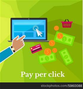 Pay per click internet advertising model when the ad is clicked poster. Modern flat design. Ppc, search engine marketing, online advertising, social media, click, sem. Hand click on monitor