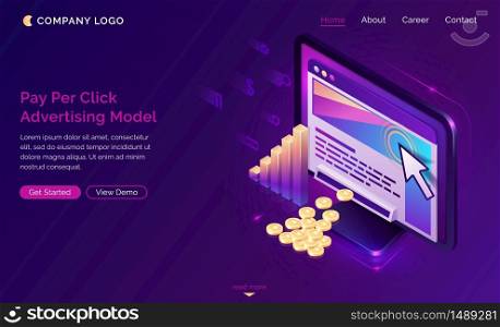 Pay per click isometric landing page, computer with cursor clicking on ad button, money falling from desktop. Ppc business, cpc advertising model, sponsored listing technology 3d vector web banner. Pay per click advertising isometric landing page