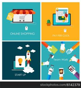Pay Per Click, Online Shopping, Business Start Up, Team Work Flat Concept for Web Marketing. Vector Illustration