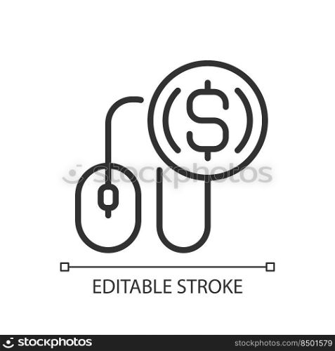 Pay per click pixel perfect linear icon. PPC marketing. Affiliate program. Online advertising. Thin line illustration. Contour symbol. Vector outline drawing. Editable stroke. Arial font used. Pay per click pixel perfect linear icon
