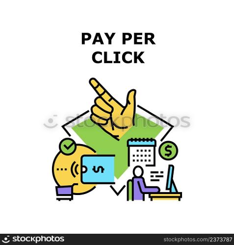 Pay Per Click Vector Icon Concept. Pay Per Click Online Service For Purchasing, Client Paying In Store With Contactless Credit Card And Nfc Technology. Mobile Phone Application Color Illustration. Pay Per Click Vector Concept Color Illustration