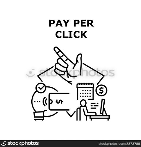 Pay Per Click Vector Icon Concept. Pay Per Click Online Service For Purchasing, Client Paying In Store With Contactless Credit Card And Nfc Technology. Mobile Phone Application Black Illustration. Pay Per Click Vector Concept Black Illustration