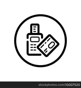 Pay with credit card reader machine. Swiping terminal payment. Contactless. Commerce outline icon in a circle. Isolated vector illustration