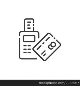 Pay with credit card reader machine thin line icon. Swiping terminal payment. Contactless. Isolated outline commerce vector illustration