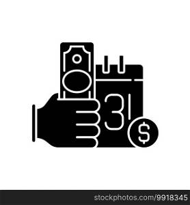 Payday loan black glyph icon. Short-term borrowing. Cash advance. Extending high interest credit. Securing by borrower next paycheck. Silhouette symbol on white space. Vector isolated illustration. Payday loan black glyph icon