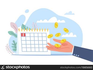 Payday. Salary receiving day. Monthly payments. Office workers hand throwing gold coins. Financial planning. Calendar date of getting wages. Finance incoming in budget. Vector earning money concept. Payday. Salary receiving day. Monthly payments. Office workers hand throwing coins. Financial planning. Calendar date of getting wages. Finance incoming. Vector earning money concept