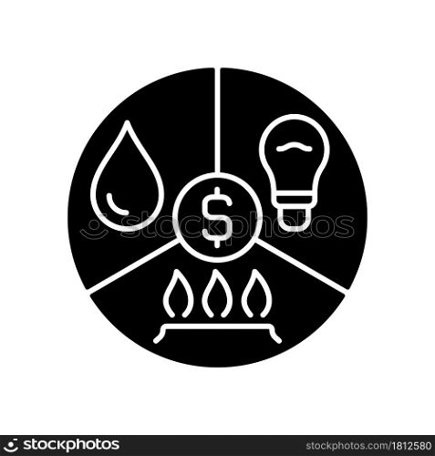 Paying bills black glyph icon. Utility services cost. Payment for household expense. Understanding finance and economy. Silhouette symbol on white space. Vector isolated illustration. Paying bills black glyph icon
