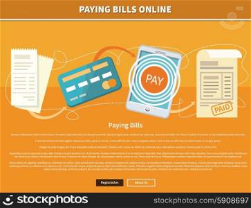 Paying bills payments online credit banner concept with buttons registration and about us. Can be used for web banners, marketing and promotional materials, presentation templates
