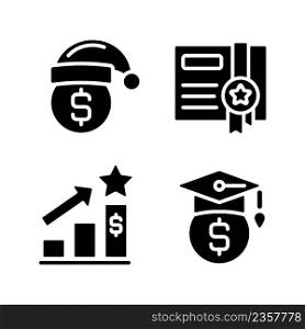 Paying bonuses to employees black glyph icons set on white space. Free scholarship. Holiday premium pay. Bonus certificate. Silhouette symbols. Solid pictogram pack. Vector isolated illustration. Paying bonuses to employees black glyph icons set on white space
