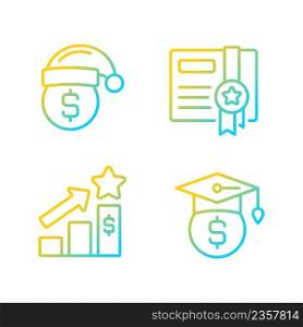 Paying bonuses to employees gradient linear vector icons set. Scholarship. Holiday premium pay. Bonus certificate. Thin line contour symbol designs bundle. Isolated outline illustrations collection. Paying bonuses to employees gradient linear vector icons set