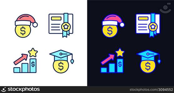 Paying bonuses to employees pixel perfect light and dark theme color icons set. Free scholarship. Holiday premium pay. Simple filled line drawings. Bright cliparts on white and black. Editable stroke. Paying bonuses to employees pixel perfect light and dark theme color icons set