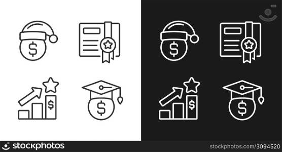 Paying bonuses to employees pixel perfect linear icons set for dark, light mode. Holiday premium pay. Certificate. Thin line symbols for night, day theme. Isolated illustrations. Editable stroke. Paying bonuses to employees pixel perfect linear icons set for dark, light mode