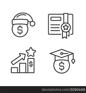 Paying bonuses to employees pixel perfect linear icons set. Scholarship. Holiday premium pay. Certificate. Customizable thin line symbols. Isolated vector outline illustrations. Editable stroke. Paying bonuses to employees pixel perfect linear icons set