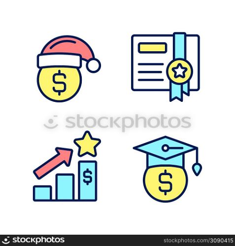 Paying bonuses to employees pixel perfect RGB color icons set. Scholarship. Holiday premium pay. Certificate. Isolated vector illustrations. Simple filled line drawings collection. Editable stroke. Paying bonuses to employees pixel perfect RGB color icons set