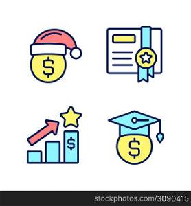 Paying bonuses to employees pixel perfect RGB color icons set. Scholarship. Holiday premium pay. Certificate. Isolated vector illustrations. Simple filled line drawings collection. Editable stroke. Paying bonuses to employees pixel perfect RGB color icons set