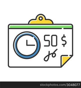 Paying for credit color icon. Repaying loan mothly. Bill, tax, receipt with price. Financial report. Economy. Investment, budget planning. Tracking income and expenses. Isolated vector illustration