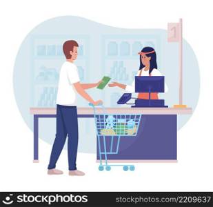 Paying for food in shop 2D vector isolated illustration. Man buying groceries from cashier flat characters on cartoon background. Everyday situation and common tasks colourful scene. Paying for food in shop 2D vector isolated illustration
