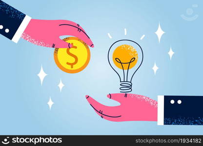 Paying for Idea and creativity concept. Hand of businessman giving golden coin money to another hand holding light bulb with great idea vector illustration . Paying for Idea and creativity concept.