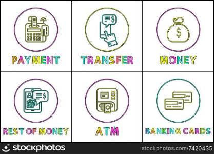 Payment and automatic teller system, transfer online operation, money cash and credit card monetary transaction lineout icon flat illustration set.. Monetary Transaction Financial Theme Icon Set
