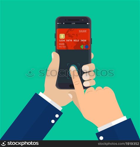 Payment app, bank card on smartphone screen. Hand holds smartphone and finger touches fingerprint sensor. Vector illustartion in flat style. Payment app, bank card on smartphone screen.