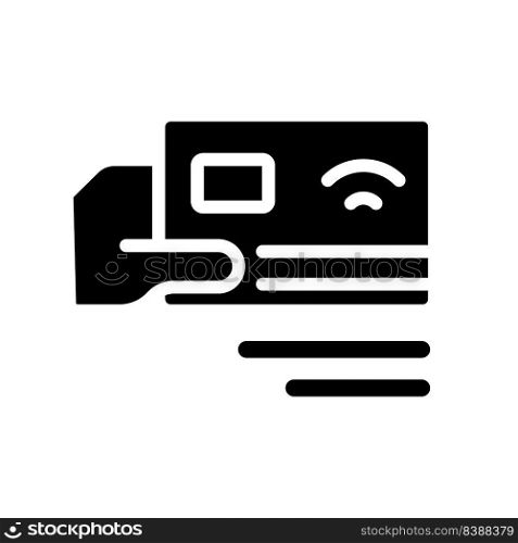 Payment by card black glyph icon. Electronic transfer. Pay with credit card. Financial service. Making online purchases. Silhouette symbol on white space. Solid pictogram. Vector isolated illustration. Payment by card black glyph icon